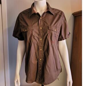 Brown Western Snap Shirt Contrast Stitch Cowboy Rodeo Cowgirl Cotton Arizona